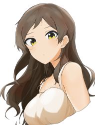 Rule 34 | 1girl, absurdres, alternate costume, bare shoulders, blush, breasts, brown hair, cropped arms, cropped torso, dress, highres, idolmaster, idolmaster million live!, jinoyou, kitazawa shiho, looking at viewer, looking down, medium breasts, simple background, sleeveless, sleeveless dress, solo, upper body, white background, yellow eyes