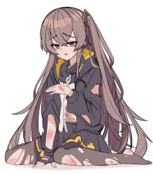Rule 34 | 1girl, black jacket, black pantyhose, black skirt, chinese commentary, commentary request, crossed bangs, crying, crying with eyes open, girls&#039; frontline, grey hair, hair between eyes, highres, injury, jacket, long hair, long sleeves, midriff peek, navel, no shoes, one side up, open clothes, open jacket, open mouth, pantyhose, pleated skirt, shirt, sidelocks, simple background, sitting, skirt, solo, tears, torn clothes, torn pantyhose, ump45 (girls&#039; frontline), very long hair, wariza, white background, white shirt, yellow eyes, zhong xiansheng