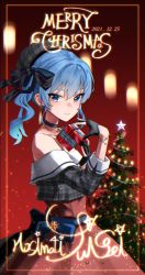 Rule 34 | 1girl, 2021, asymmetrical hair, beret, black choker, black gloves, blue bow, blue eyes, blue hair, blue ribbon, blush, bow, bracelet, character name, choker, christmas, christmas ornaments, christmas present, christmas tree, closed mouth, cowboy shot, dated, dress, earrings, english text, gift, gloves, gradient background, grey hat, grey jacket, grey shirt, hair between eyes, hair bow, hair ribbon, half updo, hat, highres, holding, holding gift, hololive, hoshimachi suisei, jacket, jewelry, light particles, long sleeves, looking at viewer, medium hair, merry christmas, necktie, partially fingerless gloves, plaid, plaid headwear, plaid jacket, plaid shirt, ponytail, red background, red dress, red skirt, ribbon, shirt, short necktie, side ponytail, skirt, smile, solo, star-shaped pupils, star (symbol), star in eye, striped bow, striped ribbon, symbol-shaped pupils, symbol in eye, tilted headwear, virtual youtuber, yedeul