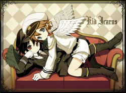 Rule 34 | 2boys, angel, belt, black hair, blue eyes, blush, boots, brown hair, copyright name, couch, dark persona, dark pit, dual persona, english text, hat, kid icarus, kid icarus uprising, looking at viewer, lying, male focus, military, military uniform, multiple boys, nintendo, on side, open mouth, pit (kid icarus), red eyes, short hair, shorts, smile, suama, uniform, wings, yaoi