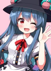 Rule 34 | :d, apron, black hat, blue hair, buttons, center frills, commentary request, frills, hat, highres, hinanawi tenshi, long hair, looking at viewer, neck ribbon, open mouth, peach hat ornament, pink background, puffy short sleeves, puffy sleeves, red eyes, red ribbon, ribbon, ruu (tksymkw), shirt, short sleeves, sidelocks, simple background, smile, sun hat, touhou, upper body, very long hair, waving, white apron, white shirt