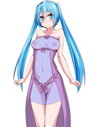 Rule 34 | 1girl, aqua eyes, aqua hair, bad id, bad pixiv id, blush, breasts, dress, female focus, hatsune miku, highres, jack dempa, long hair, looking at viewer, navel, nipples, see-through, simple background, smile, solo, thigh gap, twintails, very long hair, vocaloid, white background