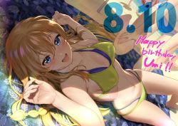Rule 34 | 4girls, andou shuki, bikini, blue eyes, blush, braid, breasts, breasts apart, brown hair, character name, collarbone, dated, hands up, happy birthday, highleg, highleg bikini, idolmaster, idolmaster million live!, kousaka umi, looking at viewer, lying, mat, medium breasts, multi-strapped bikini, multiple girls, navel, on back, outdoors, round teeth, shade, smile, solo focus, swimsuit, teeth