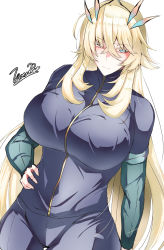 Rule 34 | 1girl, barguest (fate/grand order), blonde hair, blouse, blue eyes, blue shirt, blush, breasts, crossed bangs, barghest (fate), fate/grand order, fate (series), hair between eyes, hand on own hip, highres, large breasts, layered sleeves, long hair, long sleeves, looking at viewer, shirt, short over long sleeves, short sleeves, solo, tgxx3300, very long hair