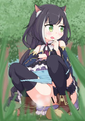 Rule 34 | 1girl, animal ears, bar censor, black hair, black neckwear, black thighhighs, blue dress, blue panties, blush, bow, bow panties, bowtie, brown footwear, cat ears, cat girl, censored, chipushishi, clothes lift, detached sleeves, dress, dress lift, drill hair, forest, grass, green eyes, highres, karyl (princess connect!), long hair, long sleeves, looking to the side, multicolored hair, nature, open mouth, panties, panty pull, peeing, ponytail, princess connect!, pussy, shoes, sky, sleeveless, sleeveless dress, squatting, streaked hair, sweatdrop, thigh strap, thighhighs, tree, two-tone hair, underwear, white hair