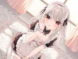 Rule 34 | 1girl, apron, breasts, cleavage, collarbone, curtains, grey hair, hair between eyes, heart, heart in eye, highres, long hair, looking at viewer, mafuyu (chibi21), maid, maid apron, maid headdress, medium breasts, name tag, non-web source, on bed, open mouth, original, pink eyes, ribbon, sitting, solo, symbol in eye, thighhighs, wariza, whispering, white thighhighs, wind