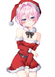 Rule 34 | 1girl, alternate costume, belt, black belt, blue eyes, breasts, cowboy shot, detached collar, detached sleeves, dress, fur-trimmed dress, fur-trimmed headwear, fur-trimmed sleeves, fur trim, hat, hikobae, kantai collection, pink hair, red dress, red hat, red sleeves, santa dress, santa hat, shiranui (kancolle), short dress, short hair, simple background, small breasts, solo, standing, white background