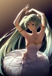 Rule 34 | 1girl, aqua eyes, aqua hair, breasts, dress, gloves, hatsune miku, jewelry, long hair, neck ring, small breasts, twintails, vocaloid, white dress, white gloves, yukleeeee