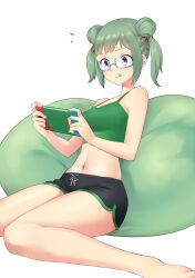 Rule 34 | 1girl, alternate costume, bare shoulders, breasts, casual, fire emblem, fire emblem fates, glasses, green hair, highres, igni tion, medium breasts, midori (fire emblem), navel, nintendo, nintendo switch, playing games, purple eyes, short twintails, shorts, tongue, tongue out, twintails