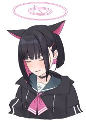 Rule 34 | 1girl, absurdres, animal ears, black hair, black jacket, blue archive, blush, cat ears, closed eyes, colored inner hair, green sailor collar, hair ornament, hairclip, halo, highres, hood, hood down, hooded jacket, jacket, kazusa (blue archive), long sleeves, momocadraw, multicolored hair, open mouth, pink hair, pink halo, sailor collar, short hair, simple background, solo, white background