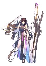 Rule 34 | 1girl, black dress, breasts, brown hair, dress, full body, high heels, highres, itaco, large breasts, long hair, looking at viewer, mecha musume, original, purple eyes, simple background, sleeveless, sleeveless dress, solo, thighhighs, weapon, white background, white thighhighs