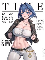 Rule 34 | 1girl, absurdres, bandeau, belt, black belt, black jacket, blue eyes, blue hair, bow, bow earrings, breasts, chain, cleavage, cover, cowboy shot, crop top, cropped jacket, dog tags, earrings, english text, fake magazine cover, hair intakes, highres, hololive, hololive english, jacket, jewelry, large breasts, magazine cover, midriff, navel, ouro kronii, pants, parted lips, pendant, pocket watch, seventeencrows, short hair, solo, stomach, virtual youtuber, watch, white bandeau, white pants