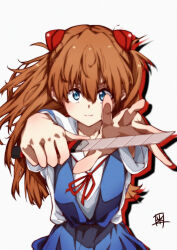 Rule 34 | 1girl, artist request, blue eyes, blue skirt, bow, bowtie, breasts, brown hair, collarbone, collared shirt, dress shirt, highres, holding, holding knife, interface headset, knife, long hair, looking at viewer, medium breasts, neon genesis evangelion, school uniform, shirt, simple background, skirt, smile, solo, souryuu asuka langley, suspender skirt, suspenders, tokyo-3 middle school uniform, two side up, white background, white shirt