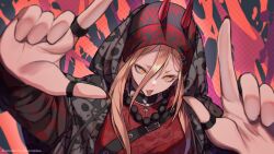 Rule 34 | 1girl, absurdres, arms up, belt, blonde hair, chainsaw man, hair ornament, highres, hood, hoodie, horns, jewelry, long hair, long sleeves, looking at viewer, necklace, pixiv username, power (chainsaw man), red horns, red nails, red shirt, ring, shirt, simple background, solo, teeth, tongue, tongue out, wann!, yellow eyes