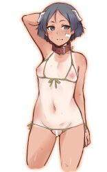 Rule 34 | 1girl, animal ears, arm behind back, bandaid, bandaid on face, bar censor, bdsm, bikini, black hair, blue eyes, blush, brave witches, breasts, censored, collar, crotchless, crotchless bikini, cupless bikini, dog ears, em (totsuzen no hakike), functionally nude, green bikini, kanno naoe, navel, nipples, pet play, pussy, shiny skin, short hair, simple background, slave, small breasts, smile, solo, standing, sweat, swimsuit, tan, tanline, white background, world witches series