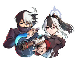 1boy 1girl absurdres aiming black_coat black_hair black_hoodie blue_archive blue_eyes choker coat color_connection commission commissioner_upload crossover dagger fighting_stance gun hair_color_connection halo high_collar highres holding holding_weapon hood hoodie kayoko_(blue_archive) knife multicolored_hair piccolourme ponytail red_eyes seth_(under_night_in-birth) short_hair trait_connection two-tone_hair under_night_in-birth upper_body weapon white_hair