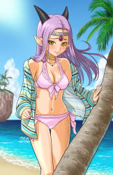 Rule 34 | 1girl, beach, bikini, bikini under clothes, blush, breasts, cleavage, day, dragon girl, dragon quest, dragon quest x, earrings, embarrassed, estella (dq10), front-tie bikini top, front-tie top, headpiece, hood, hoodie, horns, jewelry, long hair, looking at viewer, medium breasts, necklace, ocean, open clothes, open hoodie, outdoors, palm tree, pink bikini, pointy ears, purple hair, scales, side-tie bikini bottom, sleeves past wrists, smile, solo, swimsuit, tree, ur (wulfa), wind, yellow eyes