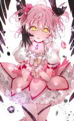 Rule 34 | 10s, 2girls, akemi homura, akuma homura, bad id, bad pixiv id, black gloves, black wings, bow, bubble skirt, choker, dark orb (madoka magica), dress, eyelashes, faceless, feathered wings, frilled dress, frills, gloves, glowing, glowing eyes, hair between eyes, hair ribbon, hands on own chest, kaname madoka, kneehighs, knees together feet apart, looking at viewer, magical girl, mahou shoujo madoka magica, mahou shoujo madoka magica: hangyaku no monogatari, multiple girls, nail polish, out of frame, own hands together, pink hair, piyo (ppotatto), puffy short sleeves, puffy sleeves, ribbon, short sleeves, short twintails, skirt, socks, solo focus, soul gem, twintails, white gloves, white legwear, wings, yellow eyes