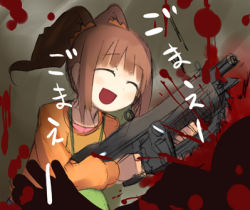 Rule 34 | 1girl, :d, blood, brown hair, chainsaw, closed eyes, crossover, death, gears of war, gun, happy, idolmaster, idolmaster (classic), idolmaster 1, lancer (gears of war), lowres, murder, open mouth, parody, raglan sleeves, smile, solo, takatsuki yayoi, twintails, weapon