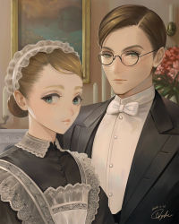 Rule 34 | 1boy, 1girl, apron, blue eyes, bow, bowtie, brown hair, butler, candle, candlestand, commentary request, dated, fireplace, flower, freckles, glasses, green eyes, hair bun, hair slicked back, half-closed eyes, high collar, highres, indoors, jacket, lace-trimmed apron, lace trim, light brown hair, lips, looking at viewer, maid, maid apron, maid headdress, original, painting (object), signature, single hair bun, tajima yukie, upper body, vase, victorian maid, white bow, white bowtie
