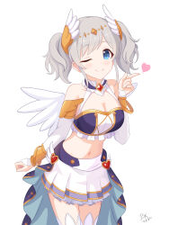 Rule 34 | 1girl, absurdres, akari (princess connect!), blue eyes, blue komett, breasts, cleavage, closed mouth, commentary, crop top, english commentary, gold trim, grey hair, heart, highres, index finger raised, large breasts, looking at viewer, midriff, navel, pleated skirt, princess connect!, showgirl skirt, signature, simple background, skirt, smile, solo, twintails, white arm warmers, white background, white skirt, wing hair ornament, wing print