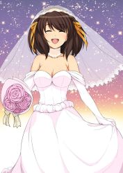 Rule 34 | 1girl, ^ ^, bouquet, breasts, bridal gauntlets, bridal veil, brown hair, cleavage, closed eyes, collar, commentary, dress, closed eyes, flower, hairband, happy, haruhisky, highres, open mouth, orange hairband, solo, star (symbol), starry background, suzumiya haruhi, suzumiya haruhi no yuuutsu, veil, wedding dress, white dress