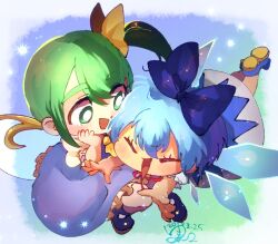 Rule 34 | 2girls, blue bow, blue dress, blue footwear, blue hair, bow, bright pupils, cirno, closed eyes, commentary request, daiyousei, dress, green eyes, green hair, hair bow, hair ribbon, hand on own cheek, hand on own face, mary janes, multiple girls, neck ribbon, open mouth, petticoat, pinafore dress, puffy short sleeves, puffy sleeves, red ribbon, ribbon, shirt, shoes, short hair, short sleeves, side ponytail, sleeveless, sleeveless dress, smile, touhou, white pupils, white shirt, wings, yellow ribbon, yukkyon kyon