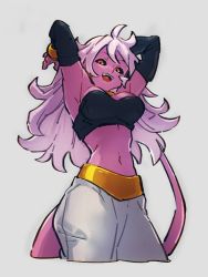 Rule 34 | 1girl, android 21, armpits, black sclera, breasts, cleavage, colored sclera, colored skin, dragon ball, dragon ball fighterz, grey background, kemachiku, large breasts, long hair, looking at viewer, majin android 21, midriff, open mouth, pink hair, pink skin, red eyes, simple background, smile, solo, tail