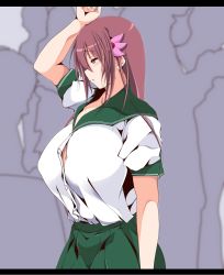 Rule 34 | 1girl, aged up, alternate breast size, arm up, breasts, button gap, cleavage, from side, green sailor collar, green skirt, hair between eyes, hair ornament, highres, huge breasts, kanbayashi chiko, kantai collection, kisaragi (kancolle), letterboxed, long hair, parted lips, pleated skirt, profile, purple eyes, purple hair, sailor collar, school uniform, serafuku, short sleeves, skirt, train interior