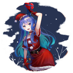 Rule 34 | 1girl, :d, absurdres, armpits, bare shoulders, bell, belt, blue eyes, blue hair, box, choker, collarbone, colored inner hair, contrapposto, dress, fur-trimmed dress, fur trim, gift, gift box, gloves, hair between eyes, hair bun, hat, heart-shaped box, highres, holding, holding gift, hololive, hoshimachi suisei, kinoko (shikimylove), long hair, looking at viewer, multicolored hair, neck bell, off-shoulder dress, off shoulder, open mouth, red choker, red dress, red gloves, red hat, santa costume, santa dress, santa hat, short dress, short sleeves, side bun, single side bun, smile, solo, star (symbol), star in eye, symbol in eye, virtual youtuber
