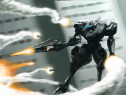 Rule 34 | armored core, armored core: for answer, building, firing, flying, from software, gun, machine gun, mecha, missile, motorcobra, robot, weapon