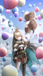 Rule 34 | 1girl, ahoge, asymmetrical legwear, balloon, belt, brown capelet, brown cloak, brown corset, brown eyes, brown hair, cape, capelet, cloak, cloud, cloudy sky, corset, crossed bangs, dagger, feather hair ornament, feathers, gloves, ha uiyeon, hair ornament, heart balloon, highres, holding, holding balloon, hololive, hololive english, kneehighs, knife, lantern, light particles, long hair, looking at viewer, miniskirt, multicolored hair, nanashi mumei, nanashi mumei (1st costume), partially fingerless gloves, pleated skirt, ponytail, pouch, red skirt, ribbon, shirt, single kneehigh, single sock, single thighhigh, skirt, sky, socks, streaked hair, thighhighs, very long hair, virtual youtuber, weapon, white shirt