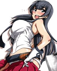 Rule 34 | 10s, 1girl, agano (kancolle), bare shoulders, belt, black hair, blush, breasts, commentary request, female focus, from side, gloves, green eyes, kantai collection, kobamiso (kobalt), large breasts, long hair, looking at viewer, midriff, navel, open mouth, panties, pleated skirt, red skirt, school uniform, serafuku, simple background, skirt, solo, tears, underwear, white background, white gloves, white panties