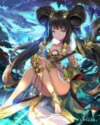 Rule 34 | 1girl, barefoot, black hair, blue eyes, bracelet, braid, child, double bun, feet, guardians violation, hair ornament, jewelry, light rays, long hair, looking at viewer, official art, original, revealing clothes, sitting, solo, twin braids, twintails, u369, very long hair