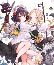 Rule 34 | 2girls, abigail williams (fate), abigail williams (festival outfit) (fate), absurdres, animal, apron, black dress, black footwear, black gloves, blonde hair, bloomers, blue eyes, blush, bow, braid, breasts, brown bow, butterfly hair ornament, commentary request, cup, dress, fate/grand order, fate (series), forehead, gloves, grey jacket, hair ornament, heart, heroic spirit festival outfit, highres, holding, holding cup, index finger raised, jacket, katsushika hokusai (fate), katsushika hokusai (festival outfit) (fate), keyhole, long hair, long sleeves, looking at viewer, medium breasts, multiple girls, octopus, official alternate costume, open clothes, open jacket, parted bangs, pillo, purple eyes, purple hair, saucer, shirt, shoes, sidelocks, sleeveless, sleeveless dress, sleeves past fingers, sleeves past wrists, small breasts, stuffed animal, stuffed toy, suction cups, teddy bear, tentacles, tokitarou (fate), underwear, very long hair, white apron, white background, white bloomers, white shirt