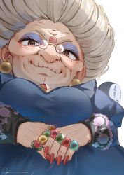 Rule 34 | 1girl, 1other, bad id, bad twitter id, blue dress, dress, earrings, eyeshadow, fingernails, from below, grey hair, highres, jewelry, kaonashi, long hair, long sleeves, looking at viewer, makeup, nail polish, old, old woman, red nails, ring, ryota (ry o ta), sen to chihiro no kamikakushi, sharp fingernails, signature, simple background, smile, solo focus, upper body, very long hair, white background, wrinkled skin, zeniba