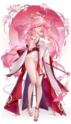Rule 34 | 1girl, absurdres, animal ears, breasts, cherry blossoms, detached sleeves, earrings, finger to mouth, floppy ears, fox ears, full body, genshin impact, geta, gohei, gold earrings, hair ornament, highres, holding, index finger raised, japanese clothes, jewelry, large breasts, long hair, looking at viewer, low-tied long hair, melailai, obi, parted lips, pink hair, purple eyes, sash, shirt, shorts, solo, tassel, thighs, very long hair, white shirt, white shorts, yae miko