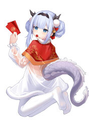 Rule 34 | 1girl, absurdres, arm up, ass, azur lane, blue eyes, capelet, double bun, dragon horns, dragon tail, dress, envelope, feet, fengxue, food, hair bun, hair ornament, hairband, highres, horns, legs, legs up, long hair, looking at viewer, lung wu (azur lane), mouth hold, no shoes, pantyhose, pom pom (clothes), pom pom hair ornament, red capelet, see-through, see-through dress, short dress, simple background, soles, solo, tail, thighs, white background, white dress, white hair, white pantyhose
