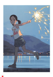 Rule 34 | 1girl, black eyes, blue sky, blue theme, border, brown hair, dusk, fireworks, flat chest, from side, full body, grin, hair ornament, hairclip, highres, hill, looking at viewer, night, ocean, original, outdoors, outstretched arm, page number, print shirt, reflection, running, sandals, scan, shirt, short twintails, shorts, sky, sleeveless, sleeveless shirt, smile, solo, sparkler, takamichi, teeth, town, twintails, water, white border