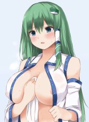 Rule 34 | 1girl, absurdres, arm between breasts, bare shoulders, between breasts, blue background, blue eyes, blush, breasts, breath, collarbone, commentary request, covered erect nipples, detached sleeves, frog hair ornament, green hair, hair between eyes, hair ornament, hair tubes, highres, holding, holding towel, kochiya sanae, large breasts, long hair, long sleeves, open clothes, open shirt, parted lips, shirt, simple background, single sidelock, snake hair ornament, solo, sweat, techi (techi35499), touhou, towel, upper body, white shirt, wide sleeves, wing collar