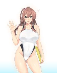 Rule 34 | 1girl, bad id, bad pixiv id, blue background, brown hair, clipboard, collarbone, competition swimsuit, cowboy shot, gradient background, grey eyes, highleg, highleg swimsuit, kantai collection, long hair, looking at viewer, moose (moosemitchell2), one-piece swimsuit, ponytail, saratoga (kancolle), side ponytail, sidelocks, smile, solo, standing, swimsuit, waving, white background, white one-piece swimsuit