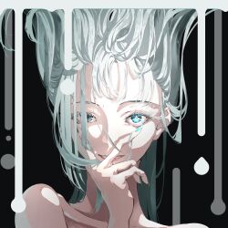 Rule 34 | 1girl, absurdres, blue eyes, blue nails, colored eyelashes, eyelashes, fake nails, floating hair, green hair, hand on own face, highres, long hair, looking at viewer, nico-tine, original, portrait, smile, solo