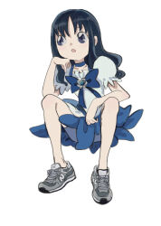 Rule 34 | 1girl, :o, bare arms, bare legs, black hair, blue bow, blue bowtie, blue choker, blue eyes, blue gemstone, blue skirt, bow, bowtie, choker, commentary request, full body, gem, grey footwear, head rest, heartcatch precure!, kurumi erika, long hair, looking to the side, open mouth, precure, puffy short sleeves, puffy sleeves, shirt, shoes, short sleeves, sitting, skirt, sneakers, sokoko, solo, white shirt