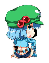 Rule 34 | 1girl, ass, backpack, bag, blue eyes, blue hair, blush, butt crack, chibi, hair bobbles, hair ornament, hat, heart, jitome, kawashiro nitori, looking back, matching hair/eyes, open mouth, solo, striped clothes, striped thighhighs, sugiura, thighhighs, touhou, twintails, two side up