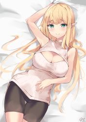 Rule 34 | 1girl, absurdres, arm up, armpits, bad id, bad pixiv id, bare arms, bare shoulders, bed sheet, bike shorts, black shorts, blonde hair, breasts, cleavage, commentary request, elf, green eyes, highres, large breasts, long hair, looking at viewer, lying, meme attire, mushpz, on back, open-chest sweater, original, pointy ears, shorts, sidelocks, sleeveless, sleeveless sweater, solo, sweater, thigh gap, very long hair