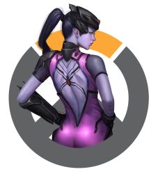Rule 34 | 1girl, ass, back cutout, back tattoo, backless outfit, bodysuit, clothing cutout, colored skin, gloves, head-mounted display, highres, long hair, overwatch, overwatch 1, ponytail, purple hair, purple skin, realistic, solo, spider tattoo, tattoo, trix (walpurgis999), widowmaker (overwatch), yellow eyes