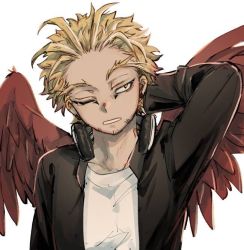 Rule 34 | 1boy, arm behind head, black jacket, blonde hair, boku no hero academia, clenched teeth, earrings, facial hair, facial mark, facing viewer, feathered wings, feathers, goatee, hand on own neck, hawks (boku no hero academia), head tilt, headphones, headphones around neck, jacket, jewelry, kadeart, looking to the side, male focus, one eye closed, open clothes, open jacket, red feathers, red wings, shirt, short hair, simple background, solo, stubble, stud earrings, teeth, tired, upper body, white background, white shirt, wings, yellow eyes