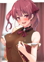 Rule 34 | 1girl, :d, absurdres, akazawa kureha, ascot, bare shoulders, blurry, blurry background, blush, bodystocking, breasts, covered navel, fang, highres, hololive, houshou marine, long hair, looking at viewer, medium breasts, open mouth, red eyes, red hair, smile, solo, twintails, undressing, upper body, virtual youtuber