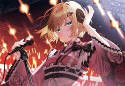 Rule 34 | 1girl, absurdres, animal ear fluff, animal ears, audience, blonde hair, blush, bow choker, choker, commentary request, concert, floral print, frilled kimono, frills, glowstick, green eyes, grin, hands up, highres, holding, holding microphone, horns, indie virtual youtuber, japanese clothes, kimono, long sleeves, maki oimo, microphone, monaka mokoko, pink choker, pink kimono, print kimono, sheep ears, sheep girl, sheep horns, short hair, smile, solo, stage, stage lights, teeth, upper body, virtual youtuber, wide sleeves