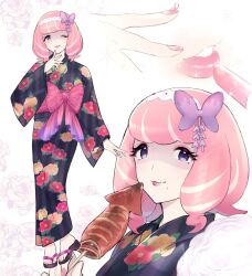 Rule 34 | 1girl, black kimono, bow, closed mouth, commentary request, cosmetics, creatures (company), eyelashes, eyeshadow, floral print, food, game freak, hand up, highres, holding, holding skewer, japanese clothes, kimono, klara (pokemon), lipstick, lipstick tube, looking at viewer, makeup, medium hair, multiple views, nail polish, nintendo, parted lips, pink eyeshadow, pink hair, pink lips, pink nails, pokemon, pokemon swsh, purple bow, sandals, sash, shaded face, skewer, smile, toenail polish, toenails, toes, tudurimike, zouri